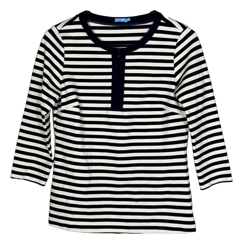 J McLaughlin Womens S Top Black‎ White Breton Stripe Ponte Half Zip 3/4 Sleeve